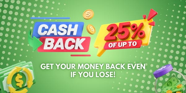 Cash back banner offering up to 25 percent rescue with 3D lettering, gold coins and a money bag